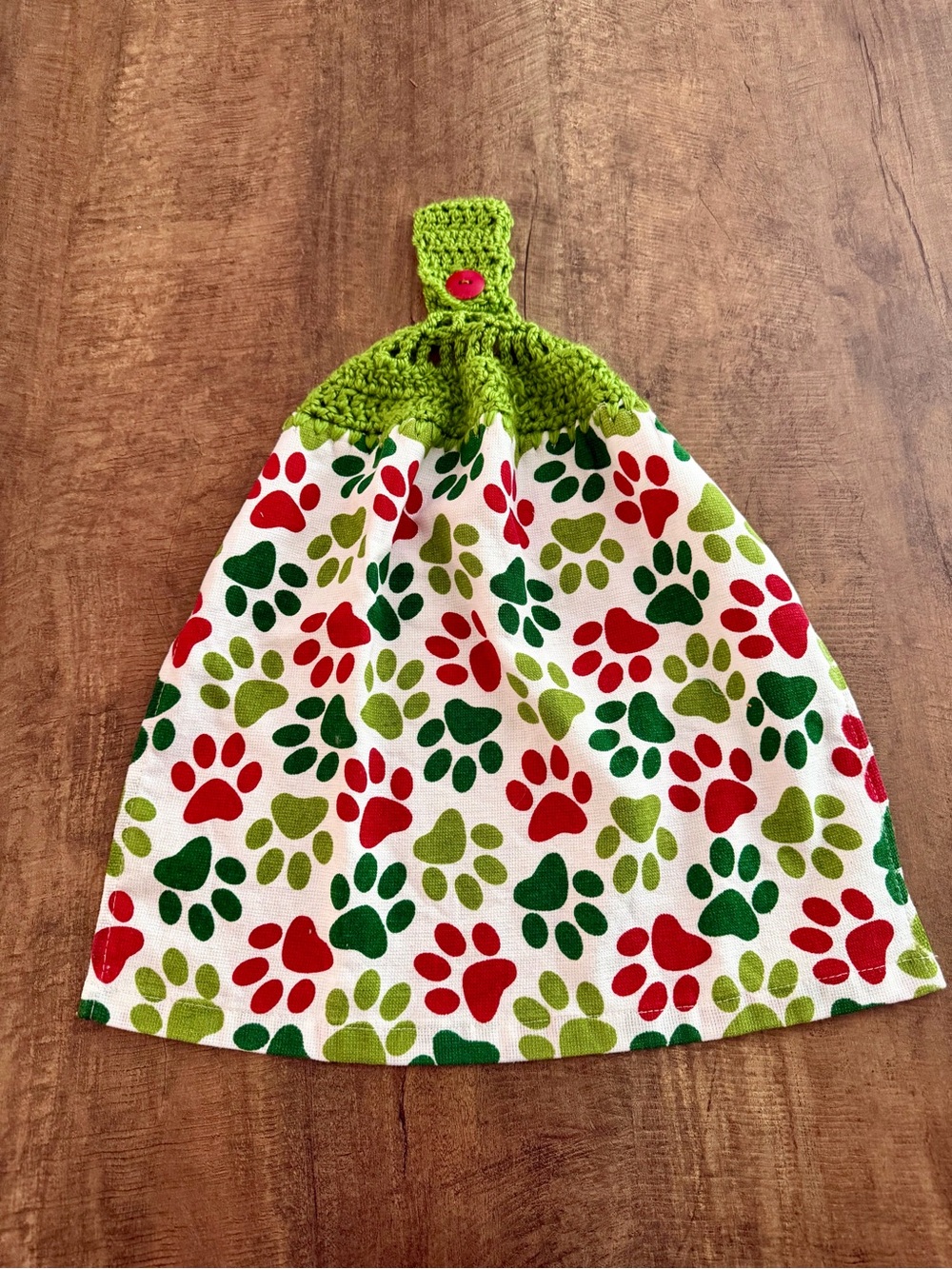 Green Crochet-Top Paw Print Hanging Kitchen Towel